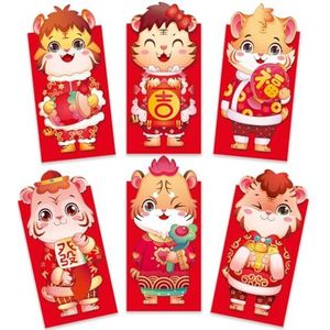 Feestelijke Tijger Rode Envelop 6-Pack, Chinees Nieuwjaar 2022 Cartoon Papier Lucky Money Pouches