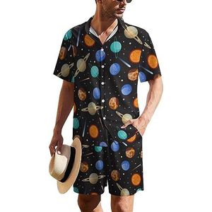 Zonnestelsel planeten en sterren Hawaiiaanse pak voor heren, set van 2 stuks, strandoutfit, shirt en korte broek, bijpassende set