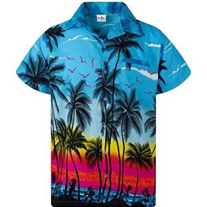 King Kameha Funky Hawaïhemd voor kinderen, jongens en meisjes, korte mouwen, borstzakje, Hawaii-print, uniseks, strand, palmenpatroon, Kids Beach Turquoise, 10 Jaar