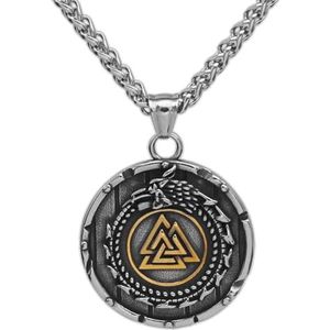 Viking Valknut Dragon Ketting Voor Mannen Vrouwen - Noords Roestvrij Staal Vintage Ouroboros Hanger Amulet - Handgemaakte Gepolijste Mode Odin Driehoek Symbool Dierensieraden (Color : Gold_60CM)