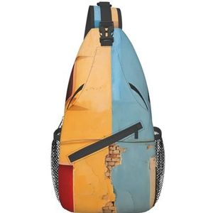 VducK Sling Bag voor Vrouwen Mannen Beer met Sjaal Print Crossbody Schoudertas Borst Schouder Rugzak Reizen Wandelen Dagrugzak, Een geel gebouw, Eén maat