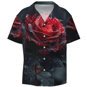 YJxoZH Rood en Zwart Rose Print Heren Jurk Shirts Casual Button Down Korte Mouw Zomer Strand Shirt Vakantie Shirts, Zwart, 3XL