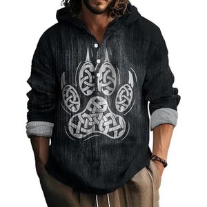 JHBTFQ Viking Heren Hoodie 3D-print Bamboe-linnen Stof Met Capuchon Kraag Knopen Shirt Lange Mouwen Noords Cadeau,Bear paw,3XL