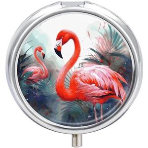 Geschilderde Flamingo Ronde Pillendoos 3 Compartiment Pillendoosje Draagbare Reizen Pil Organizer Geneeskunde Tablet Vitamine Houder Organizer voor Portemonnee Pocket