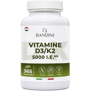 Bandini® Vitamine D3 + K2 365 Tabletten - 30.000 IU per maand, Premiumkwaliteit - 100mcg K2, 99,7+% All-Trans K 2-MK7 + 5000 IU Vitaminen D Cholecaciferol - Botten, Tanden, Immuunsysteem - 100% Vegan