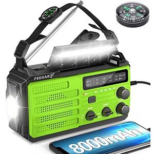 Feegar Oze 3 Pro Draagbare zwengelradio op zonne-energie, noodgevallen, handslinger, weerradio met AM/FM, 8000 mAh, handslinger, noodgevallen, radio, zaklampen, bewegingssensor, leeslamp, USB-mobiele