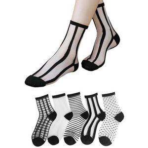 5 paar zwarte transparante kousen, sokken met kanten rand, dunne sokken, modieuze dunne sokken, met klassiek ademend mesh-design, geschikt voor de zomer.