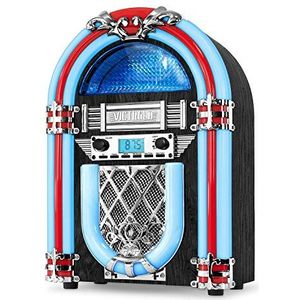 Victrola Nostalgische houten jukebox met ingebouwde Bluetooth-luidspreker, retro sfeer uit de jaren 50, 5 heldere kleurveranderende LED-buizen, FM-radio, draadloze muziekstreaming, AM/FM-radio,