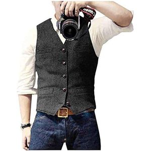 HSLS Herenpak, vest, slim fit, wollen jurk, gilet tweed V-hals voor bruidsjonkers, Zwart, S