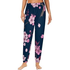 Roze kersenbloesem dames pyjama lounge broek elastische tailleband nachtkleding broek print