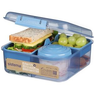 Sistema Ocean Bound Plastic Bento Box Cube | 1,25 l vierkante lunchbox met yoghurt/fruitpot | BPA-vrij gemaakt van gerecycled plastic | groenblauw of blauw (kleur niet naar keuze) | 1 stuks