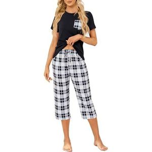 Reliwel Damespyjama met korte mouwen en geruite halflange broek, tweedelige pyjama, nachtkleding met zakken, maten S-XXL, Zwart, S