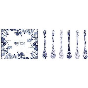 TOKYO Design Studio Flora Japonica 6-delige lepelset blauw-wit, 13 cm lang, Aziatisch porselein, Japans bloemendesign, incl. geschenkverpakking