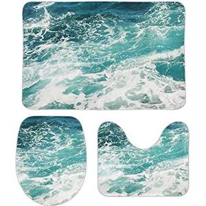 Blue Ocean Waves badkamertapijten set 3 stuks antislip badmatten wasbare douchematten vloermat sets 50 cm x 80 cm