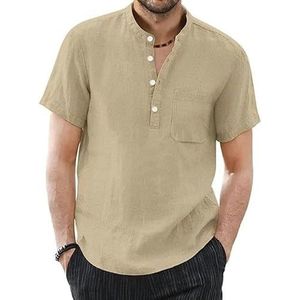 Linen Shirts Men Summer Men'S Linen Casual T-Shirts Male Short Sleeve Breathable Loose Tee Stand-Up Collar Blouse-Khaki-M