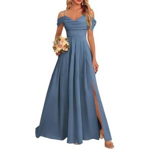 Dames chiffon bruidsmeisjes jurken met split lange galajurken ruches cocktailjurk plus size, Haze Blauw, 32