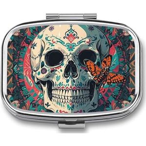 Skeleton Death Moth pillenetui met 2 compartimenten, pillenorganizer, draagbare vierkante pillendoos, vitaminepillenorganizer voor zakportemonnee en reizen