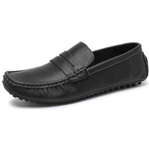 Loafers for heren Ronde neus Lederen rijstijl Loafer Comfortabele platte hak Lichtgewicht Bruiloft Casual instappers (Color : Black, Size : 44.5 EU)