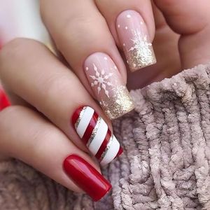 Christmas False Nails Snowflake Press on Nails Elk Stick on Nails Red Long Fake Nails Full Cover Nails Tips 24pcs for Women and Girls，With solid glue, nail lamp (Size : 49 Piece Set)