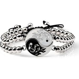 Armbanden voor vrouwen 2 stks/set Yin Yang Paar Armband Koperen Kralen Verstelbare Vintage Dragon Tai Chi Charm Gevlochten Armbanden for Vrouwen Mannen Sieraden (Color : Silver)