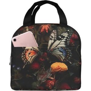 ZXERTG Vlinder Kussen Bloemen Print Volwassen Lunch Tassen Geïsoleerde Lunch Tas Veelzijdige Ademend Hoge Dichtheid Oxford Stof Lunch Box