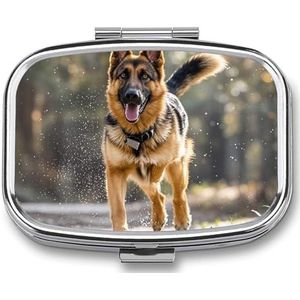 Running Duitse herder hond pillenetui met 2 compartimenten, pillenorganizer, draagbare vierkante pillendoos, vitaminepillenorganizer voor zakportemonnee en reizen