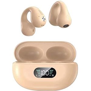 Bluetooth-oordopjes Beengeleidingskoptelefoon, Open-oorkoptelefoon met Intelligent Digitaal Display, Draadloze Oorclips, Ergonomische Lichtgewicht Draadloze Oordopjes voor Sporttrainingen(Khaki)