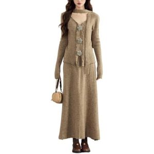 LoprNsdgt Dames 3D Bloemen V-Hals Lange Mouwen Gebreide Tops Lange Rok Herfst 2-Delige Trui Set Met Lint,Khaki,L