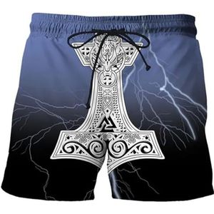Heren Nordic Thor's Hammer Shorts, Viking 3D Digitaal Printen Odin Raven Losse Sport Harajuku Korte Mouwen, Zomer Vegvisir Tattoo Heidense Sneldrogende Tops(Viking Hammer B shorts,3XL)