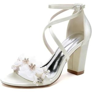EICOFF Vrouwen Hoge Hakken Pumps Open Teen Blokhak Heel Bruiloft Schoenen Parel Kristal Bloem Bruid Trouwschoenen Enkelriem Jurk Sandalen,ivoor,36 EU