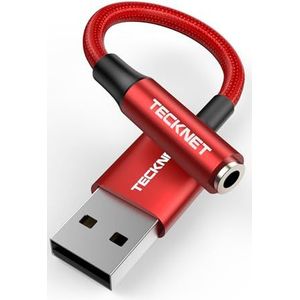 TECKNET Externe geluidskaart, USB-geluidskaart, USB naar 3,5 mm jack audio-adapter USB Aux TRRS hoofdtelefoon microfoon compatibel met PC Laptop PS5 PS4 Switch Mac Windows Linux en meer (rood)