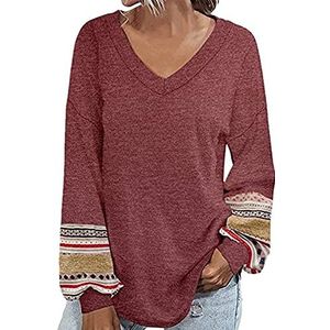 Casual T-Shirt Vrouwen Print Lantaarn Mouw Basic Lady T-Shirts Lang, 2051 Wijn Rood, M