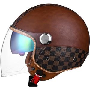 Motorfiets 3/4 Helm Mannen Vrouwen Retro Open Gezicht Half Helm Leer Vintage Klassieke Volwassene Jet Helm voor Scooter Cruiser Bromfiets DOT/ECE Goedgekeurd B,S=54-57cm