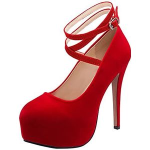 Yyyuluo Dames Platform Hakken - Dames Suède Sexy Cross Enkelband Hoge Hakken Mary Jane Stiletto Pumps Gesp Ronde Teen Court Schoenen Mode Bruid Feest Hoge Hak Rood 44EU