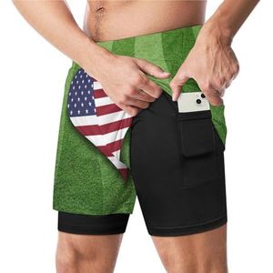Voetbalveld met Amerikaanse vlag grappige zwembroek met compressie voering en zak voor mannen board zwemmen sport shorts