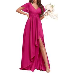 Hoog-laag Prinses Bruidsmeisjes Jurken Vierkante Hals Prom Jurk Chiffon Formele Avond Party Jurk met Mouwen ZM067, Fuchsia, 48 grote maten