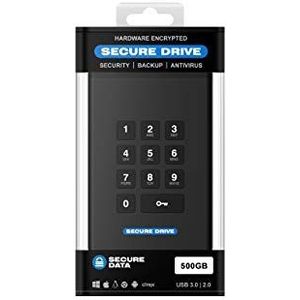 SecureData SecureDrive KP (500 GB) - FIPS-140-2 Level 3 gevalideerd - 256-bits hardware gecodeerde externe draagbare SSD - USB 3.0 - Ontgrendelen via ingebouwd toetsenbord - 3 jaar garantie