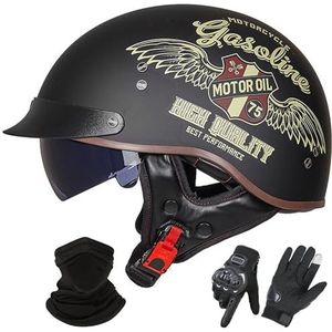 Vintage Motorhelm In Duitse Stijl, ECE 22.06 Goedgekeurd, Open Motorhelm, Retro Halve Helm met Zonneklep voor Volwassenen, Mannen en Vrouwen L-2,XXL (61-62cm)