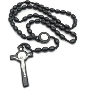 Rode zwarte mannen kruis Jezus ketting hanger lange acryl kralen rozenkrans ketting kettingen voor katholicisme mannelijke sieraden