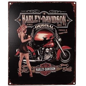 Clayre & Eef Tekstbord 20x25 cm Zwart Rood Ijzer Vrouw met motor Harley Davidson Wandbord