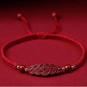 Dames armband, jongens armband Cinnabar Crystal Stone Armband Vijf Oude Munten Lucky Charms Armband for Vrouwen Mannen Handgemaakte Boeddhistische Armband Talisman Verstelbaar,Rood,Fortune Charms (Co