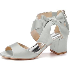 HFWXYSA Vrouwen Peep Toe Hoge Hakken Bruids Sandalen Chunky Blokhak Satijn Prom Avond Trouwjurk Schoenen,Zilver,35 EU
