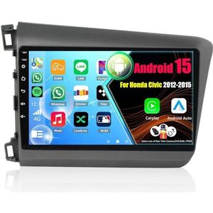 Android 15 Autoradio Voor Honda Civic 2012-2015 met Draadloze Carplay Android Auto, 9 Inch Autoscherm Soporta Bluetooth WIFI GPS FM/RDS(LHD,8Core(4+64GB))