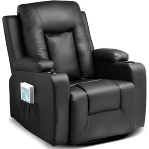COMHOMA Relaxstoel met Verstelbare Rugleuning en Voetensteun, 360° Draaibare Lounge Stoel met Bekerhouders en Zijvakken, Ergonomisch Ontwerp met Volledige Lichaamsondersteuning, Kunstleer, Zwart
