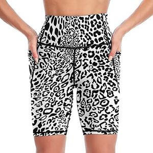 Sneeuw luipaardpatroon dames yoga biker shorts hoge taille workout broek met zakken