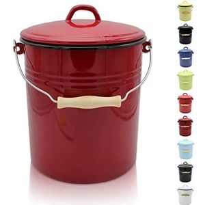 KRÜGER Vuilnisemmer met deksel, stalen afvalemmer met emaille coating en houten handvat, snij- en krasbestendig oppervlak, duurzaam en veelzijdig inzetbaar (10 liter, rood)