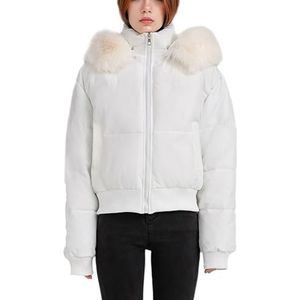 Dames Winter Korte Pufferjas Met Bontkraag, Dikke Capuchon, Katoenen Gewatteerde Jas(White,XXL)