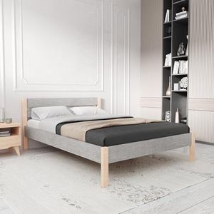 Hansales houten bed 140x200 cm Kaja Scandi Style zonder oprolframe - met stoffen bekleding - kleur grijs - gemaakt van behandeld FSC® massief berkenhout - kleur bruin -