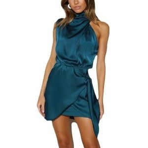 Lewey Modieuze satijnen jurk met halternek en riem | Stijlvolle en elegante mini-jurk, Blauw, S