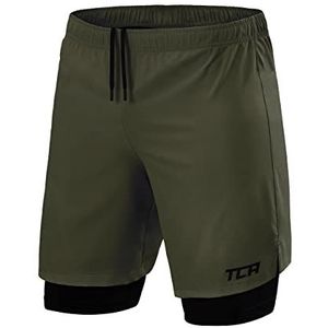 TCA Mannen Ultra 2 in 1 Hardloop Gym Shorts met Ritszakje - Groene (Ritszak Achterzijde), M